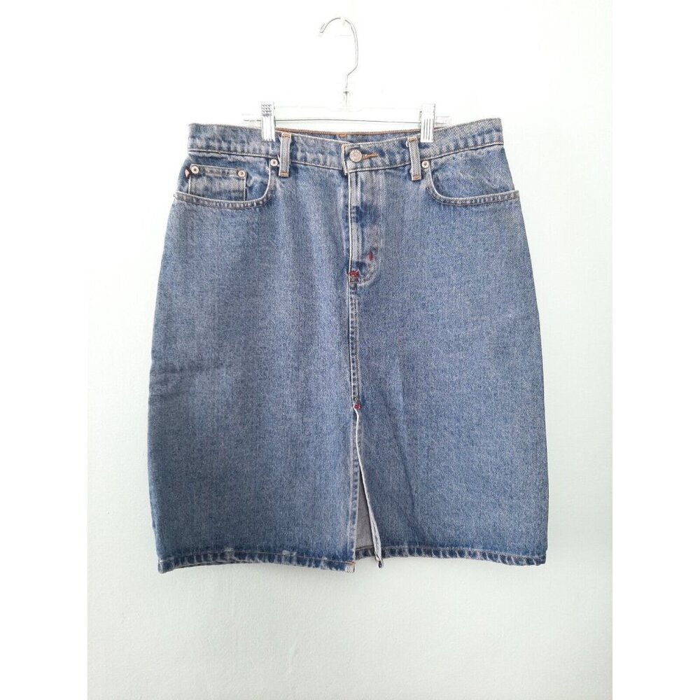 VTG Denim Knee Length Skirt Polo Jeans Co Women's 8 Small Stone Wash 100% Cotton